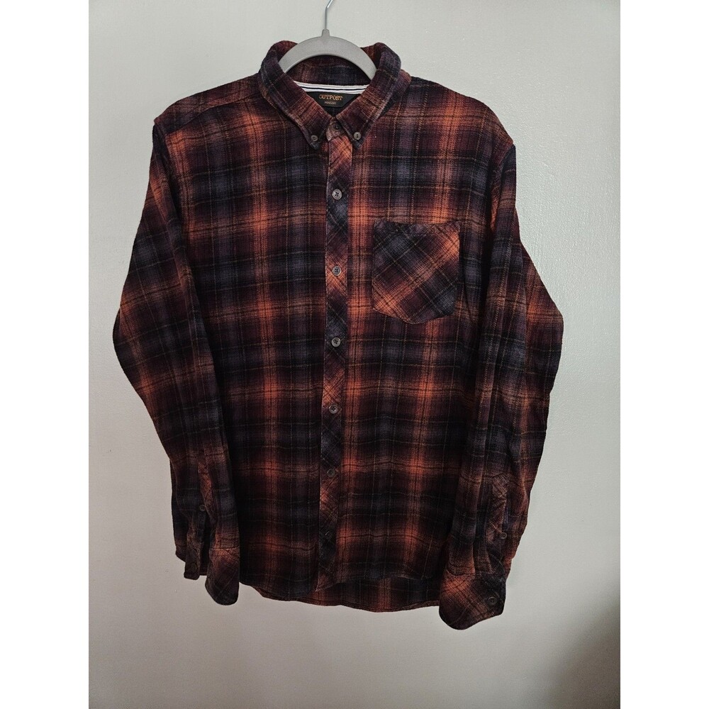 Outpost Makers Flannel Shirt Mens L Orange Plaid Long Sleeve Rugged Cabin Core